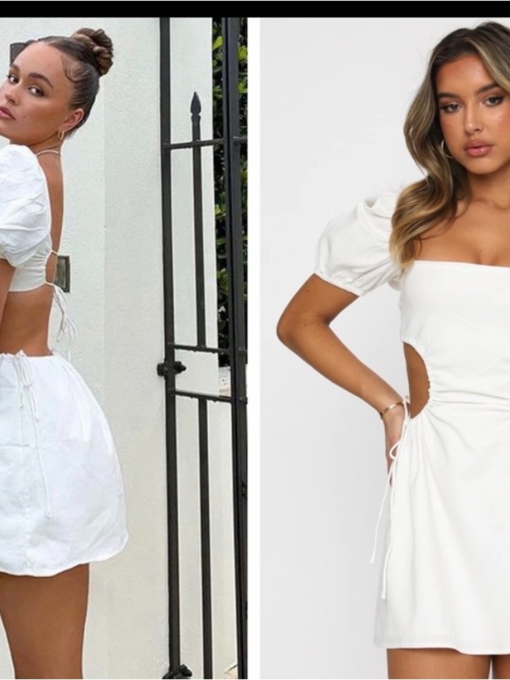 White Fox Boutique White Puff Sleeve, Cut-Out and drawstring Mini Dress